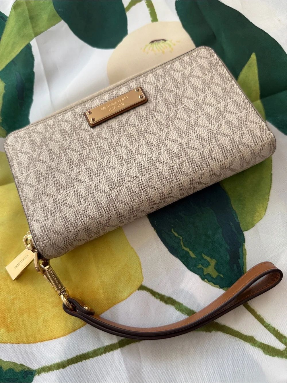 Michael Kors Beige Signature Zip Wristlet with Gold Hardware